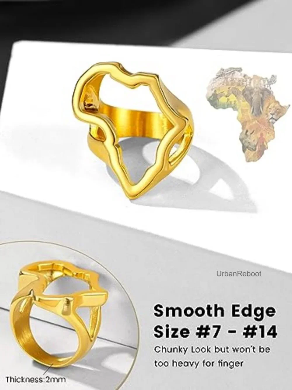 Stainless Steel Africa Map Ring, Gold Plated Biker Ring for Men Women